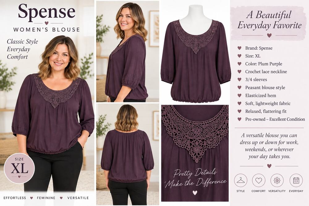 Spense XL Plum Purple Crochet Lace Neck Peasant Blouse 3/4 Sleeve